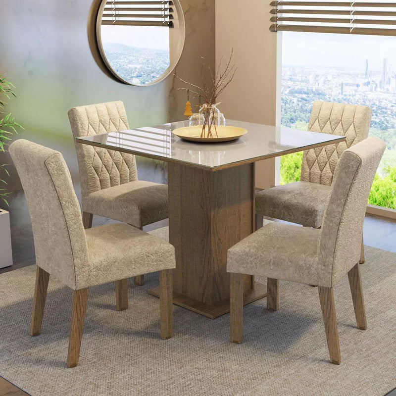 Sala Jantar Estofada Mesa Tampo Vidro 4 Cadeiras Madesa Anaju Rci Cor Rustic/Crema/Imperial MDJA0401387GSIM (cópia)