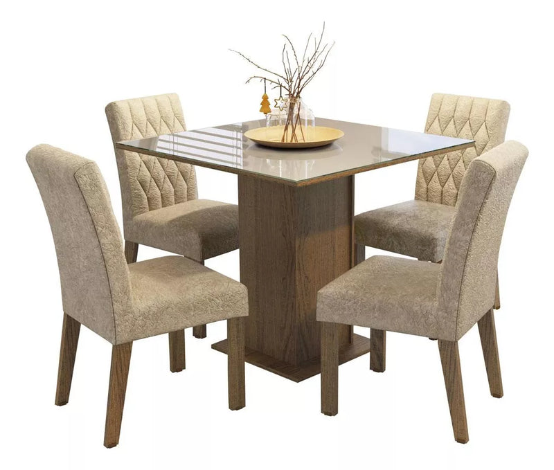 Sala Jantar Estofada Mesa Tampo Vidro 4 Cadeiras Madesa Anaju Rci Cor Rustic/Crema/Imperial MDJA0401387GSIM (cópia)
