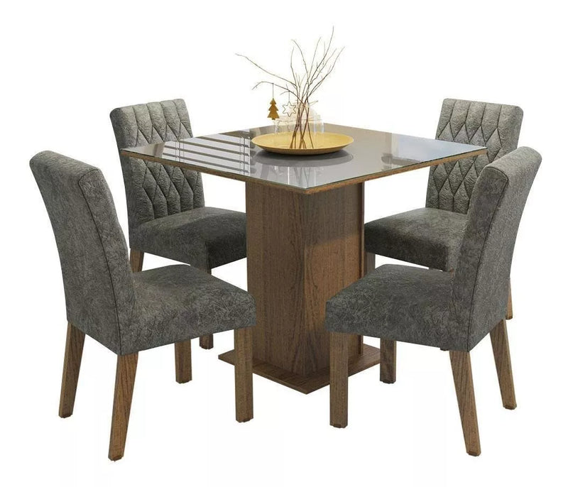 Sala Jantar Estofada Mesa Tampo Vidro 4 Cadeiras Madesa Anaju Rci Cor Rustic/Crema/Imperial MDJA0401387GSIM (cópia)