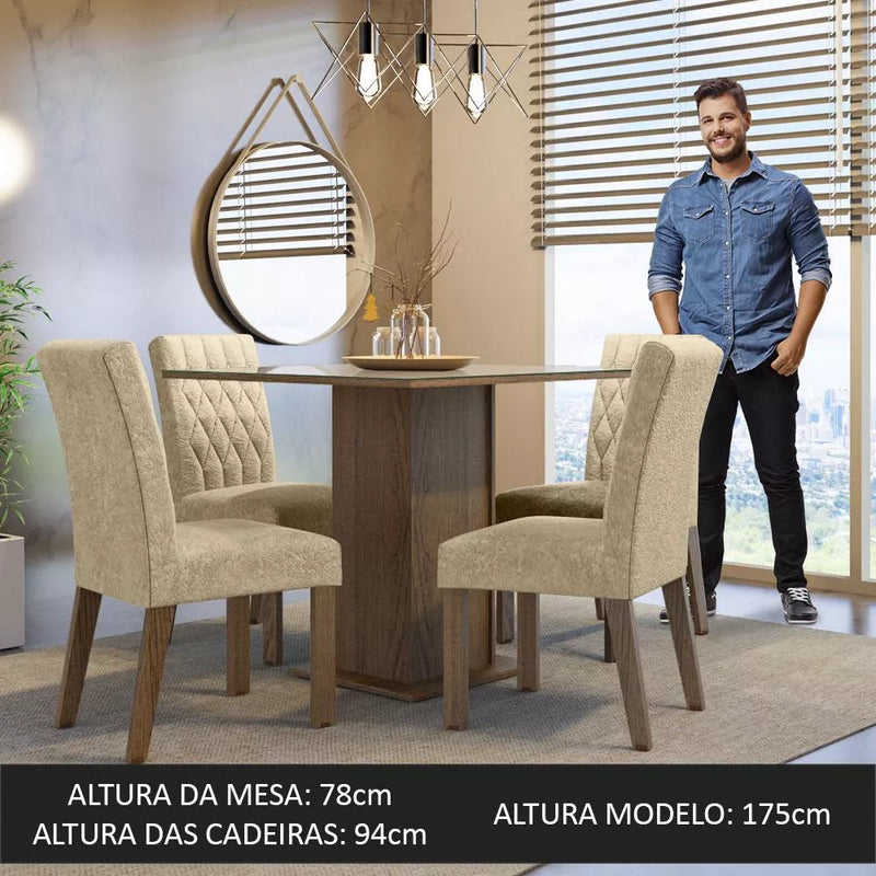 Sala Jantar Estofada Mesa Tampo Vidro 4 Cadeiras Madesa Anaju Rci Cor Rustic/Crema/Imperial MDJA0401387GSIM (cópia)