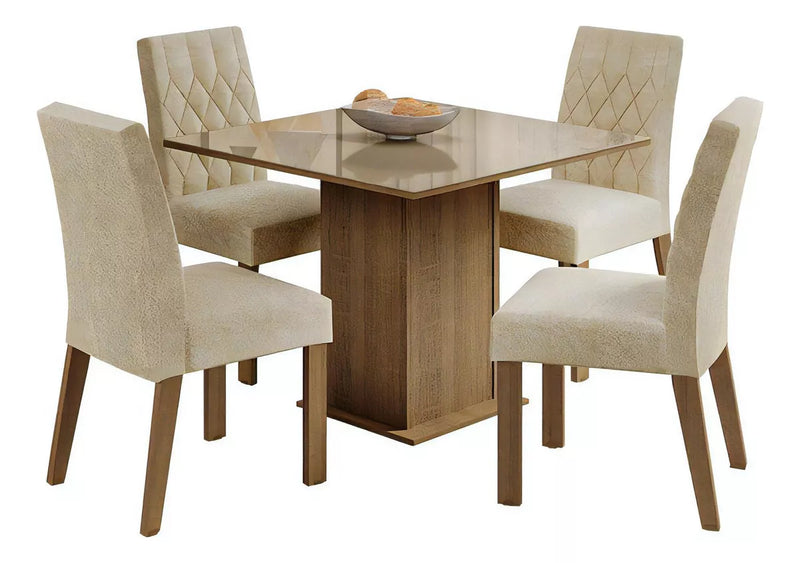 Sala Jantar Estofada Mesa Tampo Vidro 4 Cadeiras Madesa Anaju Rci Cor Rustic/Crema/Imperial MDJA0401387GSIM (cópia)
